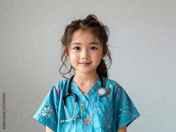 Fototapeta Asian looking girl child in medical uniform light colored background . Generative AI