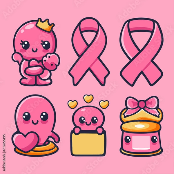 Fototapeta Breast Cancer Awareness Pink Ribbon Vector Icon Set. Cute Cartoon Style