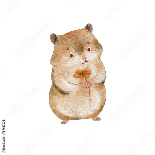 Obraz Cute hamster with flower. Watercolor illustration