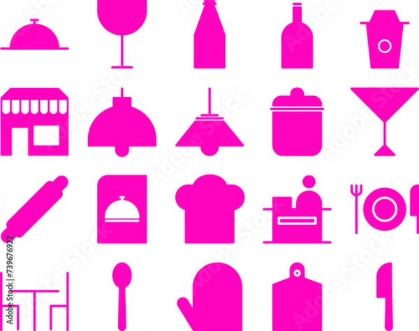 Fototapeta collection of pink color restaurant theme icons in glyph style