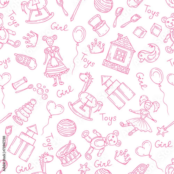 Obraz Vector pattern with hand drawn toys for girls in white