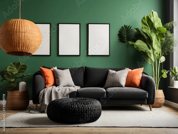 Fototapeta Modern living room featuring a black sofa design, wicker pouf design, and blank frames against a vibrant green wall design.