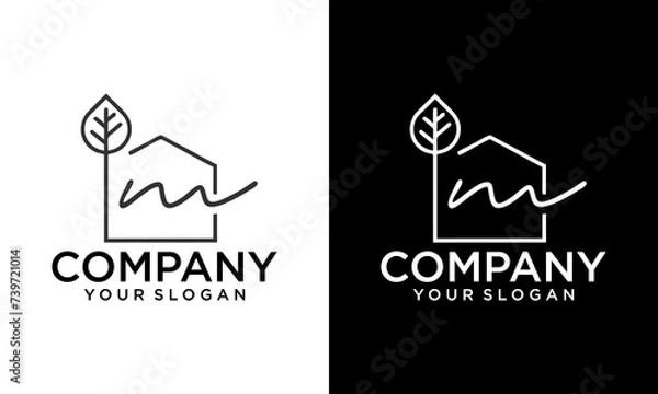 Fototapeta Creative Linear M with Alphabet letter logo M with a house or home. Real estate line art