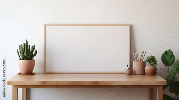 Fototapeta Minimalist Work Desk Setup with Empty Picture Frame and Indoor Plants