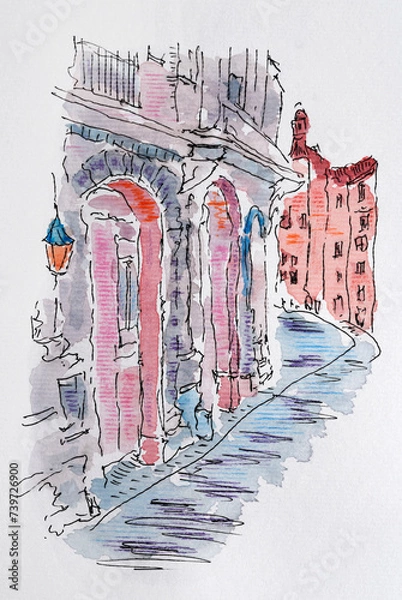 Fototapeta House sketch created with liner and watercolors. Color illustration on watercolor paper