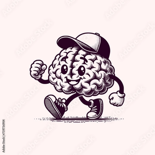 Obraz brain cartoon mascot wear cap walking with happy face retro vector illustration