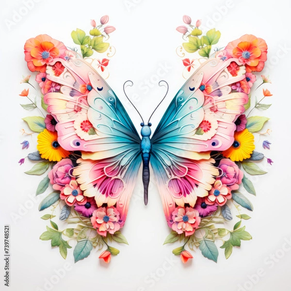 Fototapeta A painted large butterfly with flowers on its wings on a white background