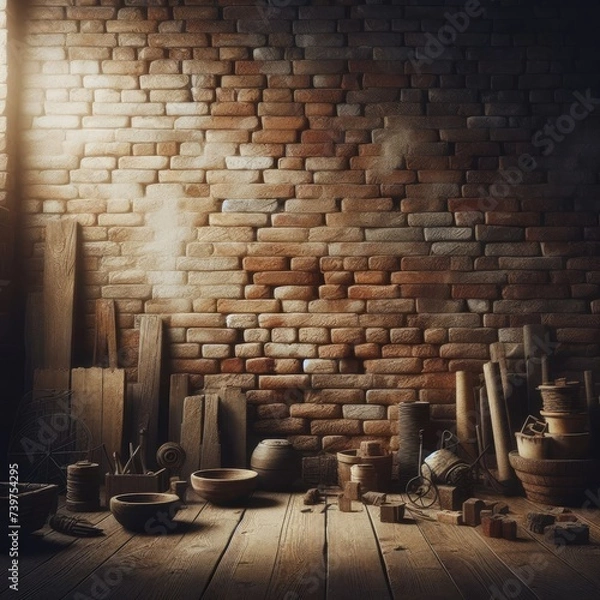 Fototapeta Old brick building, sunlight streaming through the window, view from inside