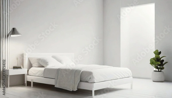 Fototapeta  A simple room with bright white walls and a bed.