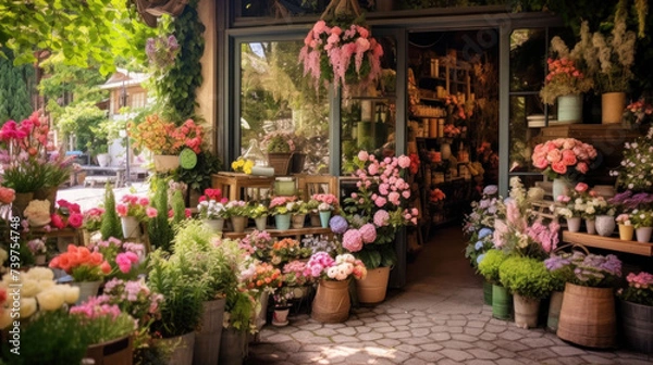 Fototapeta Flower shop adorned with an abundance of colorful flowers on display, inviting passersby into the cozy botanical haven.