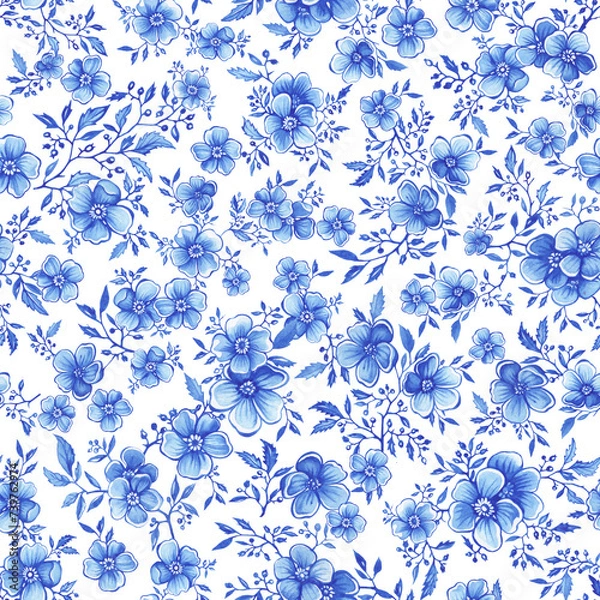 Fototapeta Seamless pattern in Toile de Jouy fabric style with blue flowers cherry tree. Hand drawn monochrome watercolor painting illustration isolated on white background