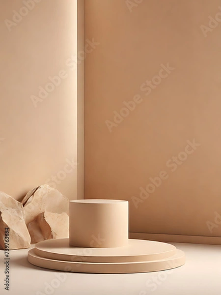 Obraz Brown natural podium product display platform 3d background abstract shadow light concept on cosmetic scene presentation stage mockup or empty beige stone pedestal beauty advertising stand backdrop.