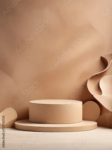 Obraz Brown natural podium product display platform 3d background abstract shadow light concept on cosmetic scene presentation stage mockup or empty beige stone pedestal beauty advertising stand backdrop.