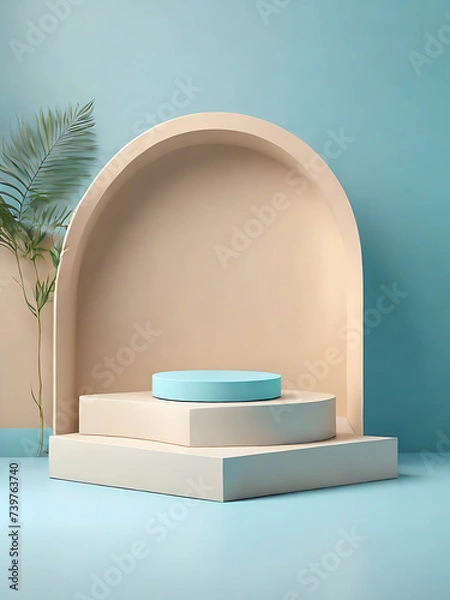 Obraz Brown natural podium product display platform 3d background abstract shadow light concept on cosmetic scene presentation stage mockup or empty beige stone pedestal beauty advertising stand backdrop.