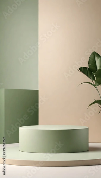 Obraz Brown natural podium product display platform 3d background abstract shadow light concept on cosmetic scene presentation stage mockup or empty beige stone pedestal beauty advertising stand backdrop.