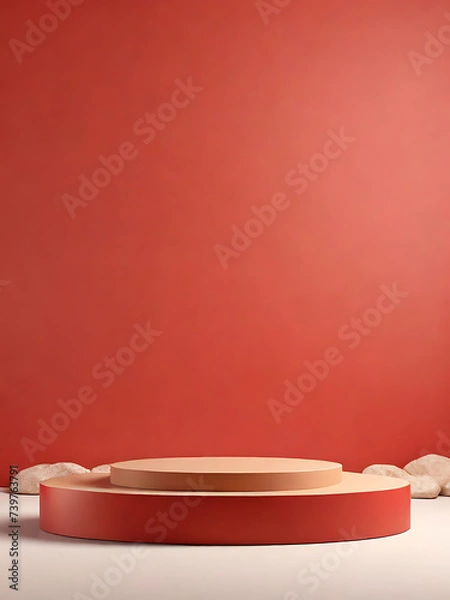 Obraz red natural podium product display platform 3d background abstract shadow light concept on cosmetic scene presentation stage mockup or empty red stone pedestal beauty advertising stand backdrop.