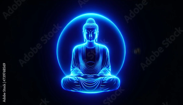 Fototapeta Cyber Zen: A holographic Buddha figure in vivid blue, capturing a state of digital nirvana on a pure black background.
Generative AI.