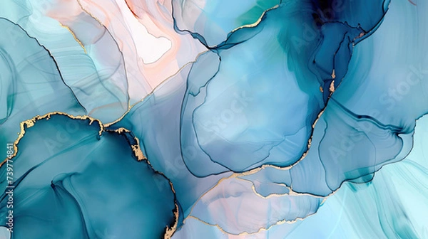 Fototapeta Abstract alcohol ink painting texture in blue azure tones with golden splashes
