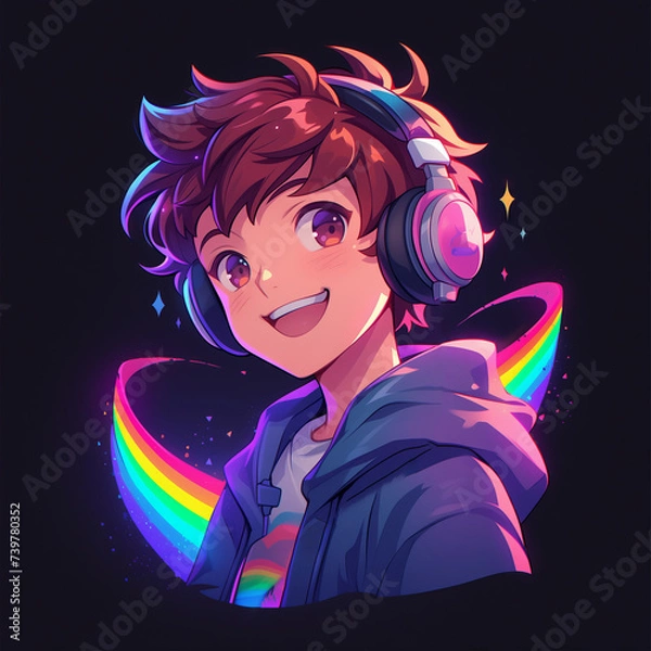 Fototapeta Rainbow young gay avatar, happy smiling, luxury modern logo in vector flat style