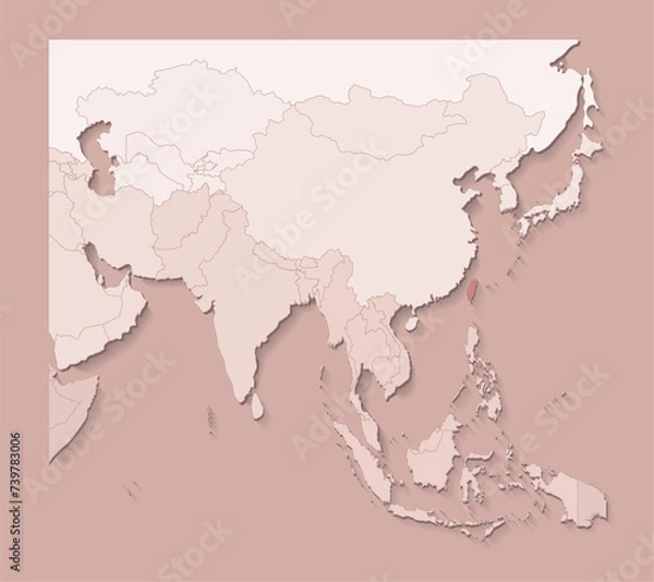 Fototapeta Vector illustration with asian areas with borders of states and marked country Taiwan. Political map in brown colors with regions. Beige background