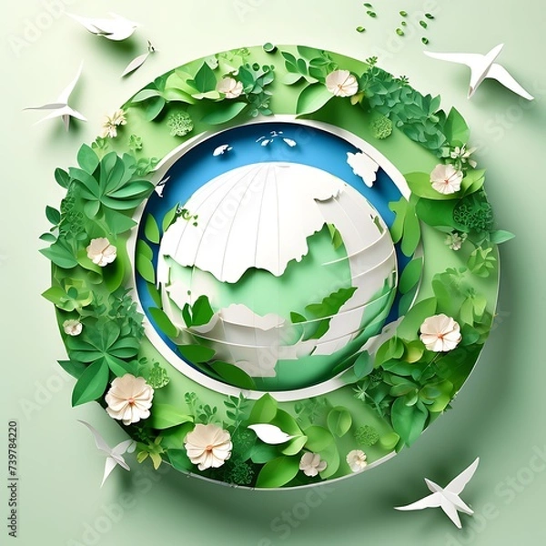 Fototapeta Flat 3D globe concept with green tree and blue color