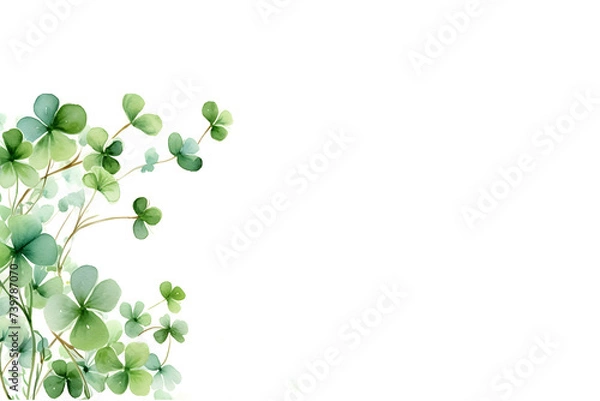 Fototapeta Watercolor green clover frame border on white background for Saint Patrick day wallpaper print wrapping decoration