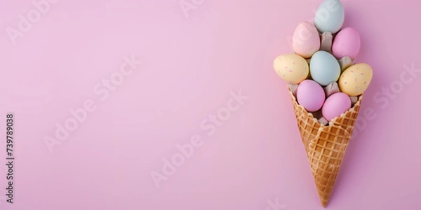 Fototapeta A whimsical Easter arrangement featuring a waffle cone filled with pastel-colored eggs on a soft pink background, perfect for a festive springtime.