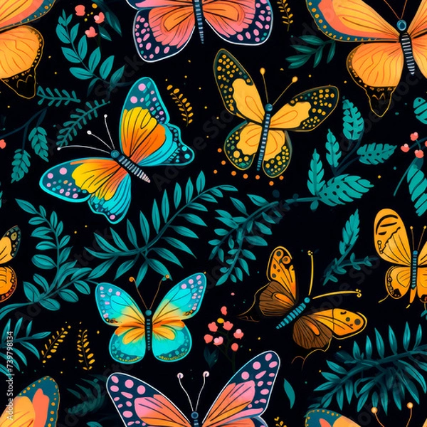 Fototapeta seamless pattern with bright butterflies and leaves on a black background