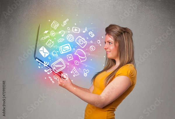 Fototapeta Young lady holding notebook with colorful hand drawn multimedia