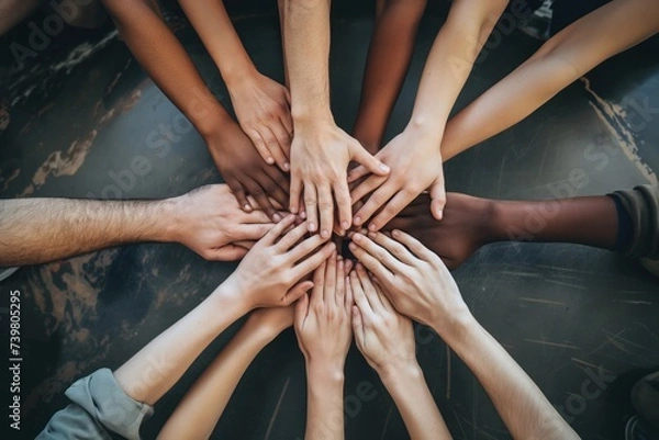 Fototapeta iverse hands coming together in unity on a neutral background