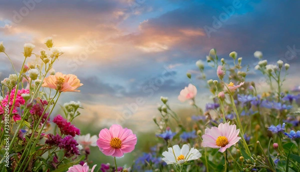 Fototapeta Beautiful colorful flowers with pastel sky and clouds background, Idyllic Meadow landscape 