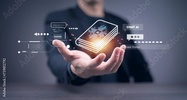 Obraz Man touch AI user manual , Artificial Intelligence,System Artificial intelligence an artificial intelligence chatbot, Digital chatbot, Robot application, conversation, command