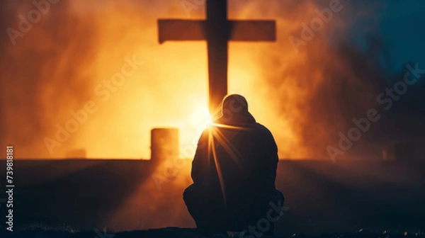 Fototapeta Christian man praying in front of the cross