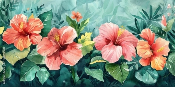 Fototapeta Lively and fresh, this vibrant watercolor features blooming pinks and lush greens