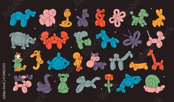 Fototapeta Various balloon animals collection. Festive set of inflatable dog, snake, swan, giraffe, butterfly, poodle, rabbit, flower shapes. Birthday celebration party. Fancy abstract characters isolated vector