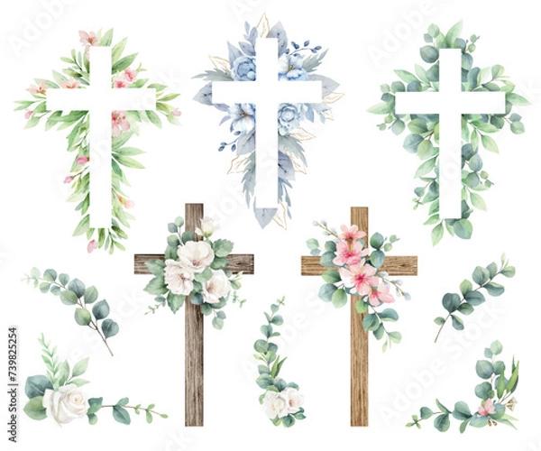 Fototapeta Watercolor vector religious crosses with eucalyptus branches, flowers and leaves. Eastern Catholic symbol. Design elements first communion, church holidays.Hand drawn illustration.