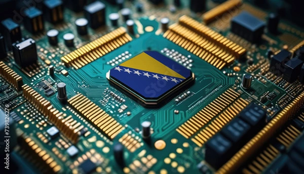 Fototapeta Bosnia and Herzegovina flag on a processor, CPU or microchip on a motherboard. Concept for the battle of global microchips production.