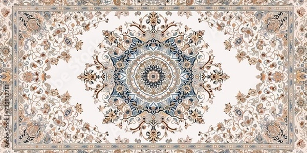 Obraz Top view old white Persian Asian carpet texture. abstract ornament classic Arabic pattern rug