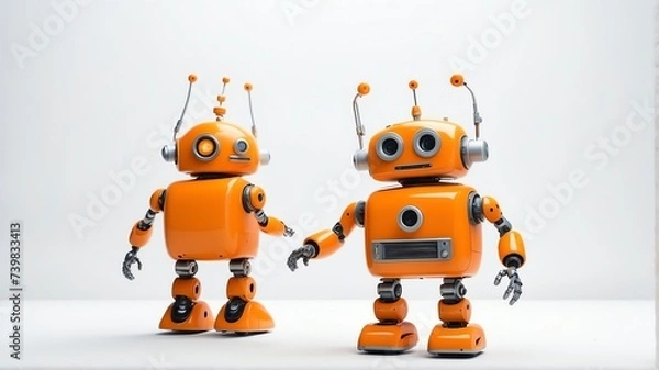 Fototapeta Cute orange small smiling robot in plain white background from Generative AI