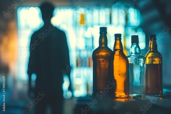 Fototapeta Conceptual image of empty bottles and a blurred figure in the background, depicting the isolation and blur of life caused by substance abuse