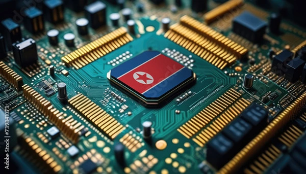 Fototapeta North Korea flag on a processor, CPU or microchip on a motherboard. Concept for the battle of global microchips production.
