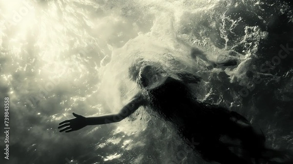 Fototapeta water wave wiped out woman down in depth, drowning woman , psychology, negative feeling and mind conscious concept, Generative Ai