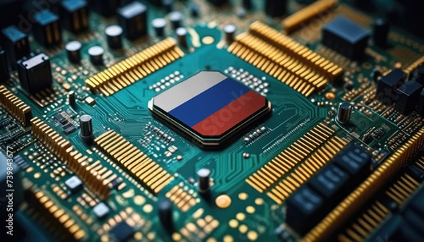 Fototapeta Russia flag on a processor, CPU or microchip on a motherboard. Concept for the battle of global microchips production.