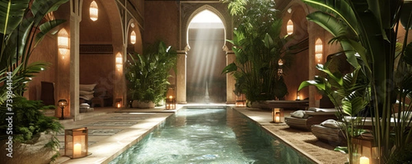 Fototapeta A Turkish hammam, such as lush greenery and decorative water features, to convey a sense of tranquility and rejuvenation.