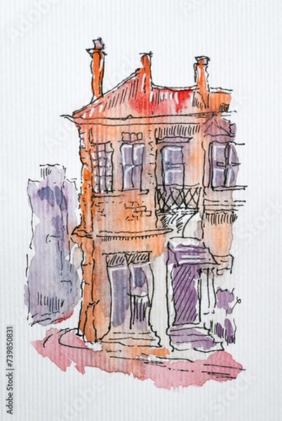 Fototapeta House sketch created with liner and watercolors. Color illustration on watercolor paper
