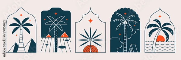 Obraz Palm tree arch frame thin line icon abstract design summer logo template modern minimal linear emblem for vacations rentals and travel services. Vector illustration
