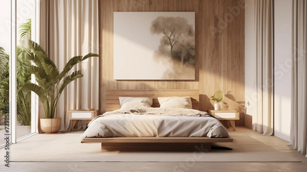 Fototapeta Modern cozy bedroom with a large bed, window and flowers. Scandinavian interior