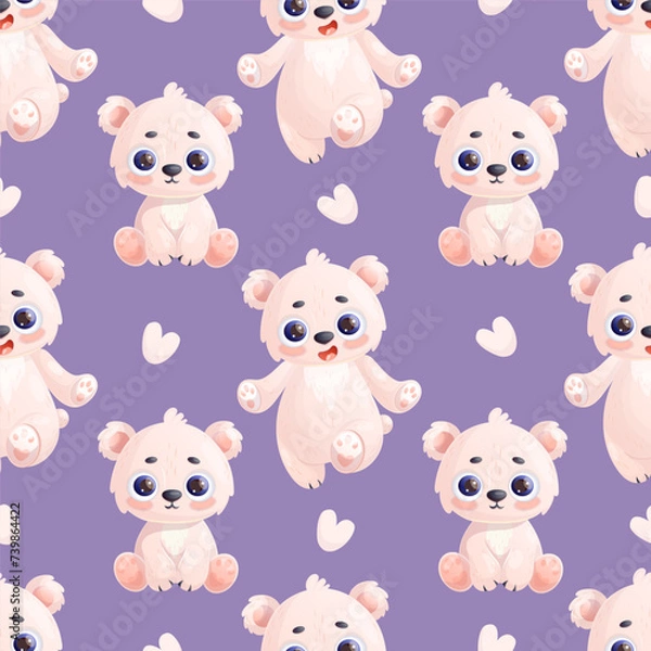 Fototapeta Seamless pattern with cute polar bear animal on purple background with hearts. Vector illustration in cartoon style. Kids collection.
