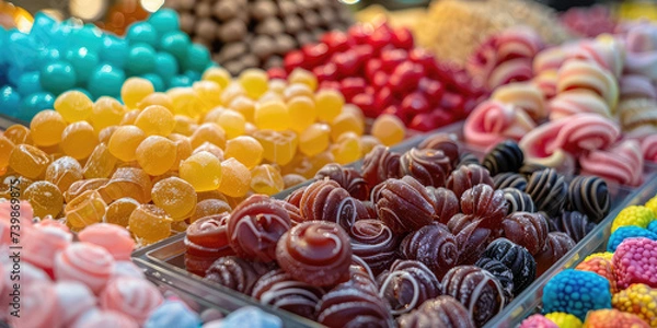 Fototapeta Colorful Handmade Candy Selection at Farmers Market. A close-up view of assorted handmade sweets, beautifully arranged in a farmers market stall.