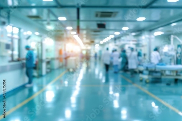 Fototapeta A blurry photo shows Doctors and nurses running the hospital while engineers collaborate on designing and installing advanced medical equipment